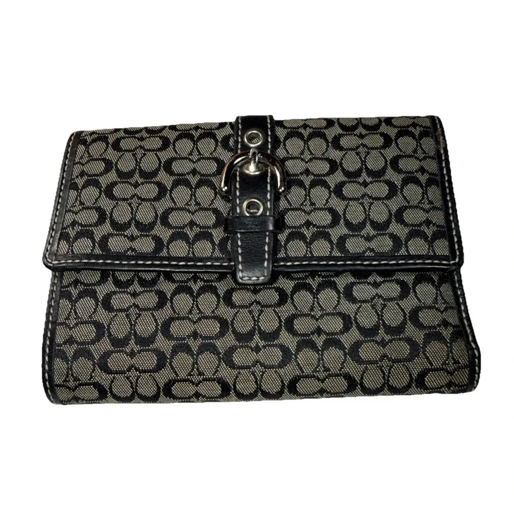Coach Signature Black Combo Bifold Wallet Purse Black leather trim